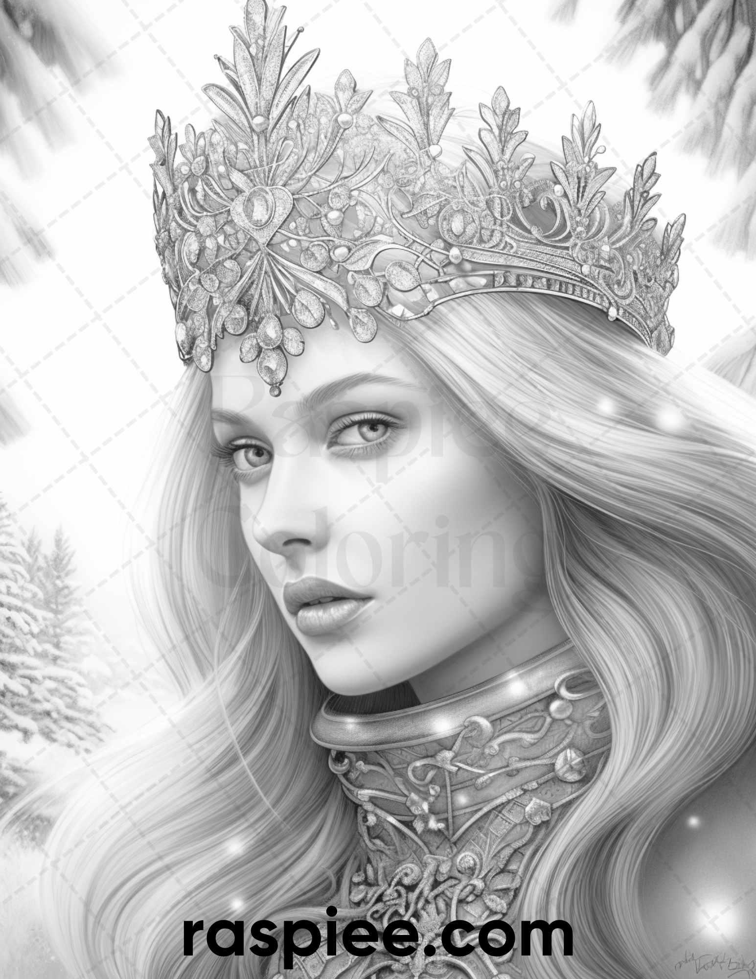 50 Winter Queens Portrait Grayscale Coloring Pages Printable for Adults, PDF File Instant Download