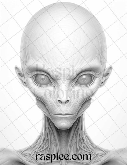 65 Alien Portrait Grayscale Coloring Pages for Adults, Printable PDF File Instant Download
