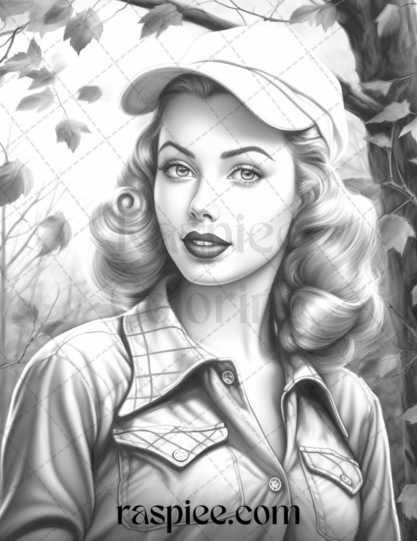 55 Autumn Pin Up Girls Grayscale Coloring Pages Printable for Adults, PDF File Instant Download