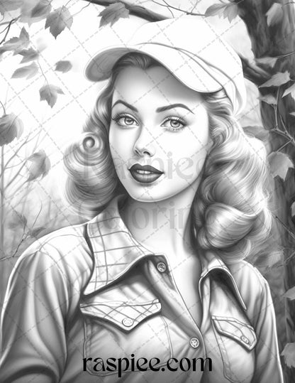 55 Autumn Pin Up Girls Grayscale Coloring Pages Printable for Adults, PDF File Instant Download