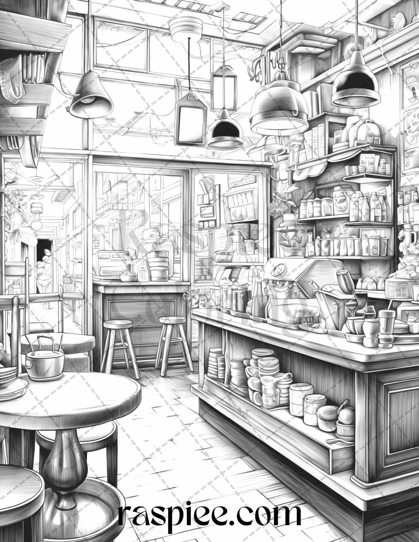 50 Cozy Coffee Shop Grayscale Coloring Pages Printable for Adults, PDF File Instant Download