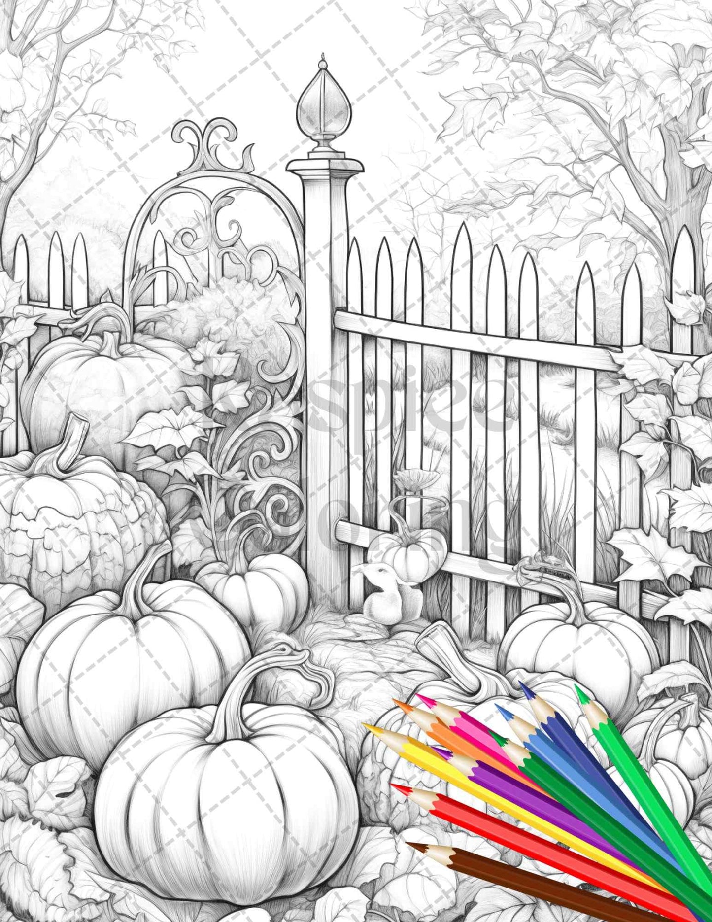 Pumpkin Garden Scenery Grayscale Coloring Pages Printable for Adults, PDF File Instant Download
