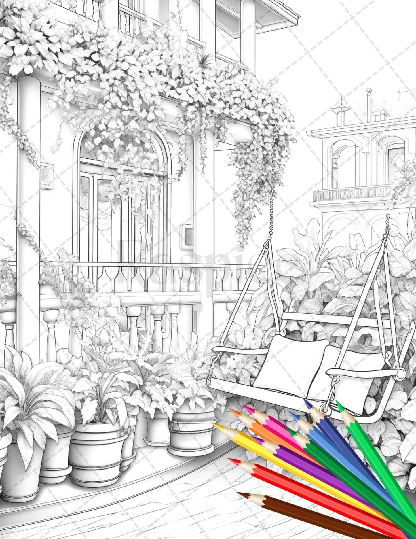 Charming Balcony Garden Grayscale Coloring Pages Printable for Adults, PDF File Instant Download