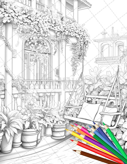Charming Balcony Garden Grayscale Coloring Pages Printable for Adults, PDF File Instant Download