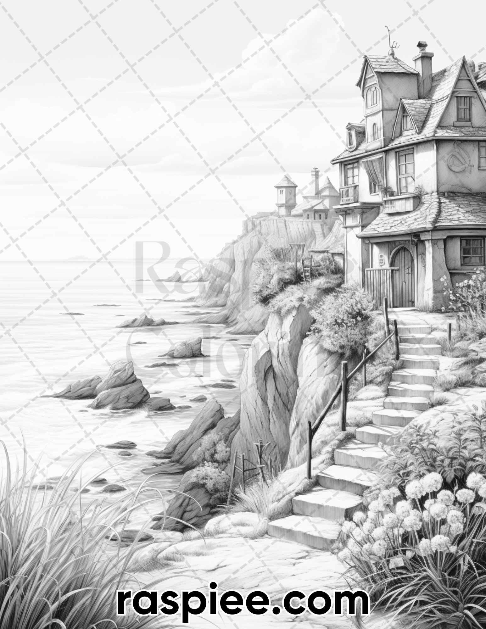 50 Fairy Beach Houses Grayscale Coloring Pages for Adults, Printable PDF Instant Download