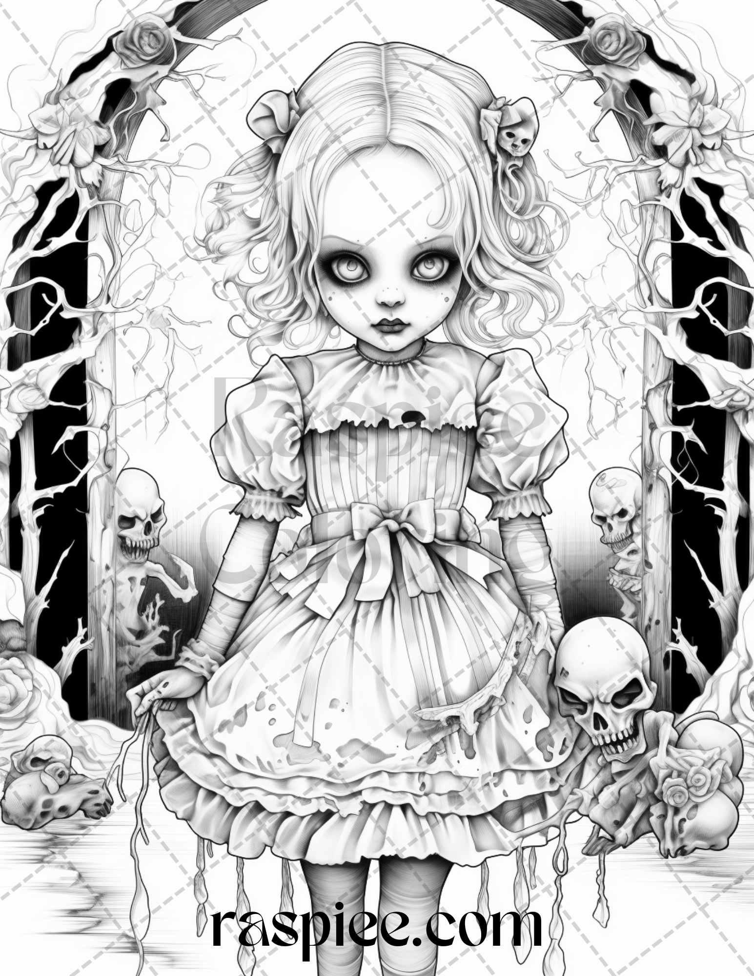 50 Scary Victorian Dolls Grayscale Coloring Pages Printable for Adults, PDF File Instant Download