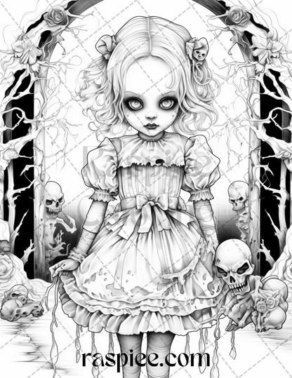 50 Scary Victorian Dolls Grayscale Coloring Pages Printable for Adults, PDF File Instant Download