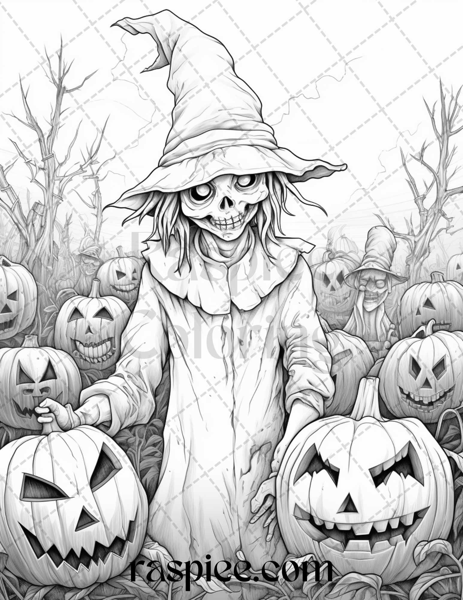 50 Halloween Scarecrows Grayscale Coloring Pages Printable for Adults, PDF File Instant Download