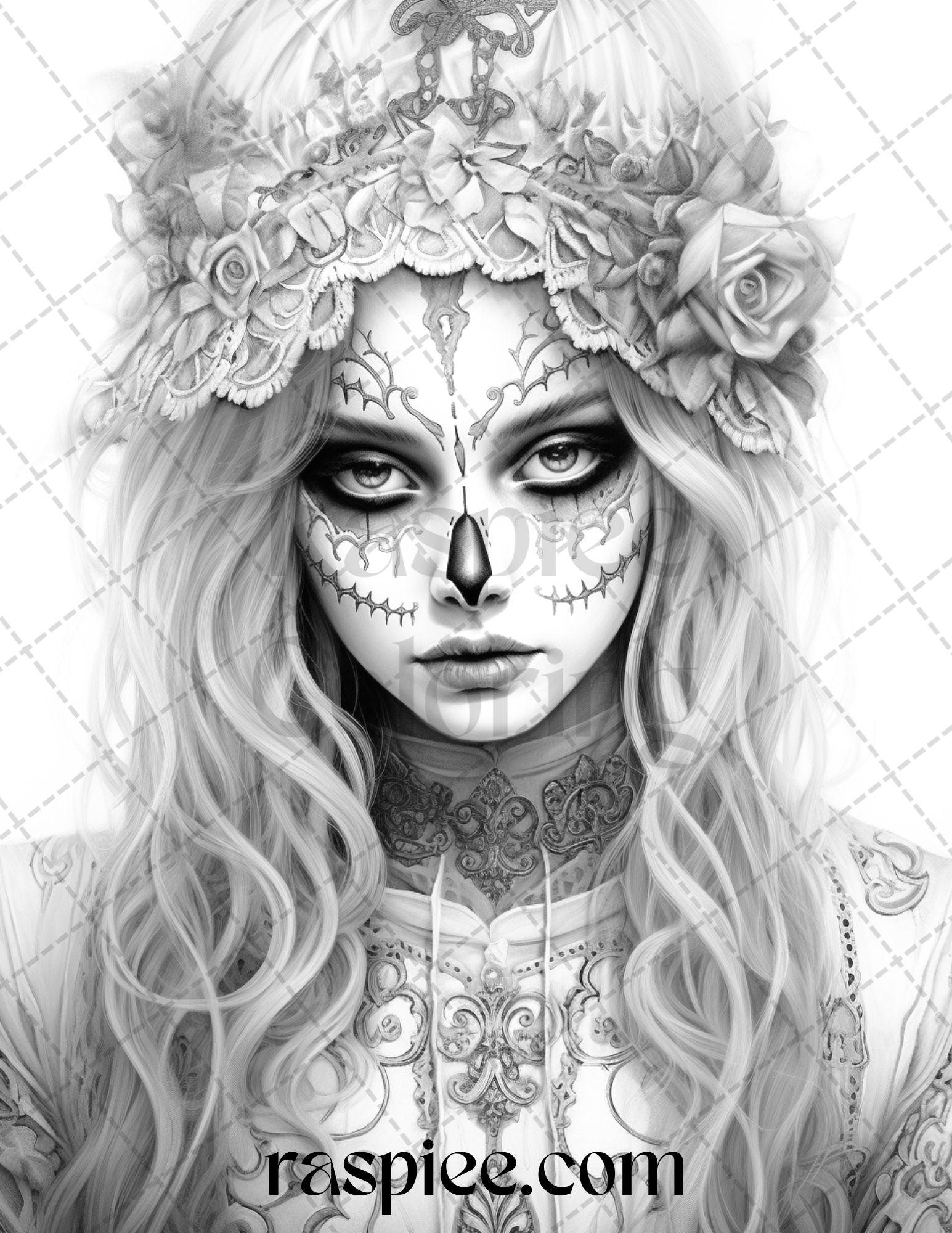 55 Halloween Girls Grayscale Coloring Pages Printable for Adults, PDF File Instant Download