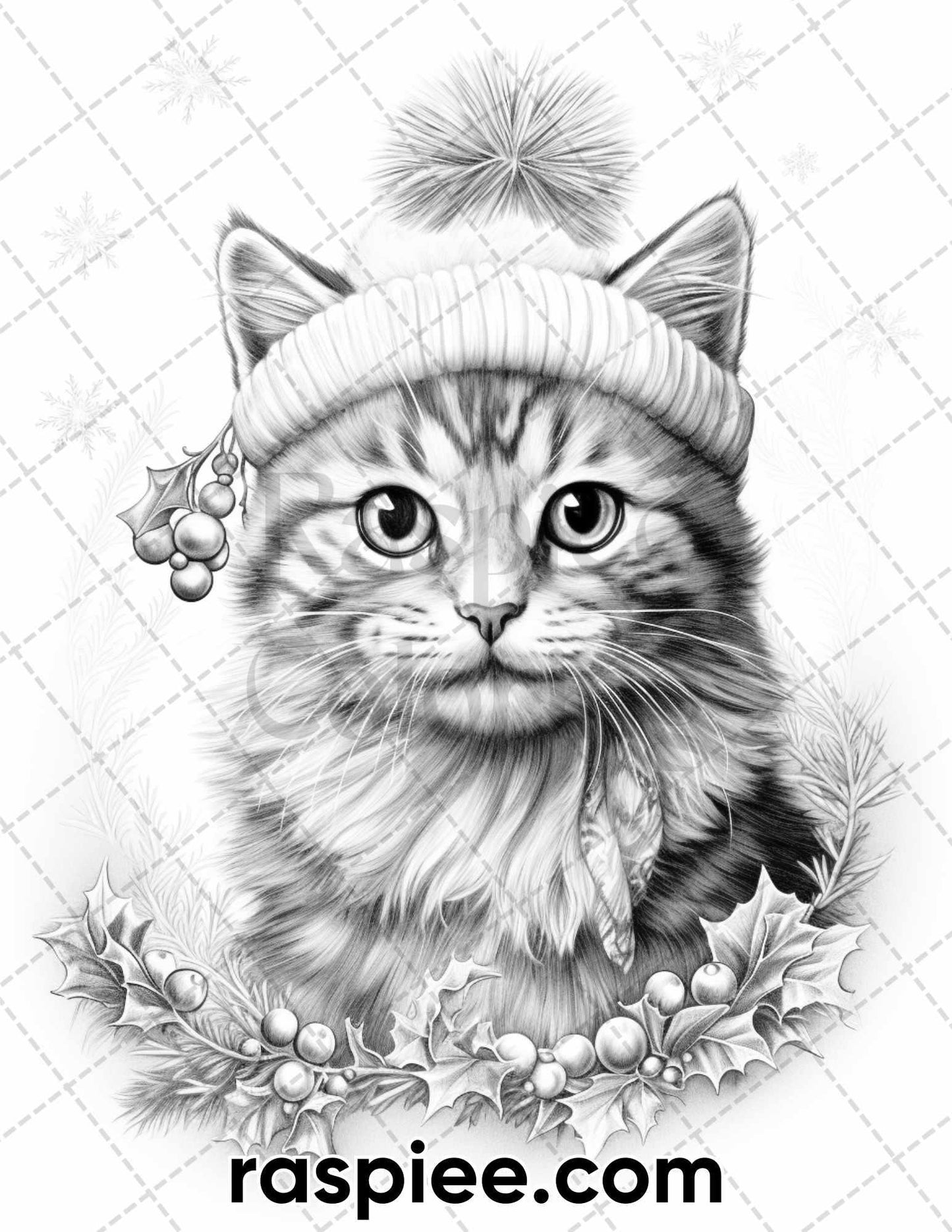 40 Christmas Cats Grayscale Coloring Pages for Adults, Printable PDF Instant Download