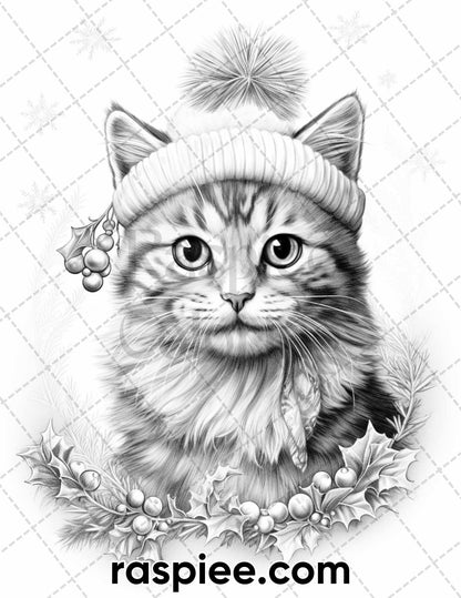 40 Christmas Cats Grayscale Coloring Pages for Adults, Printable PDF Instant Download