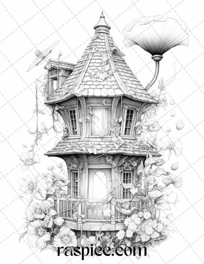 50 Lantern Fairy Houses Grayscale Coloring Pages Printable for Adults, PDF File Instant Download