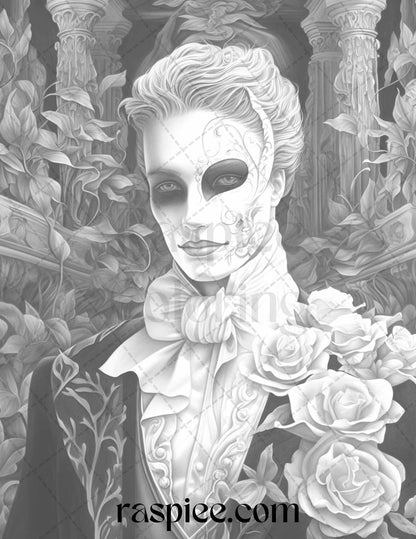 Phantom of the Opera Grayscale Coloring Pages Printable for Adults, PDF File Instant Download