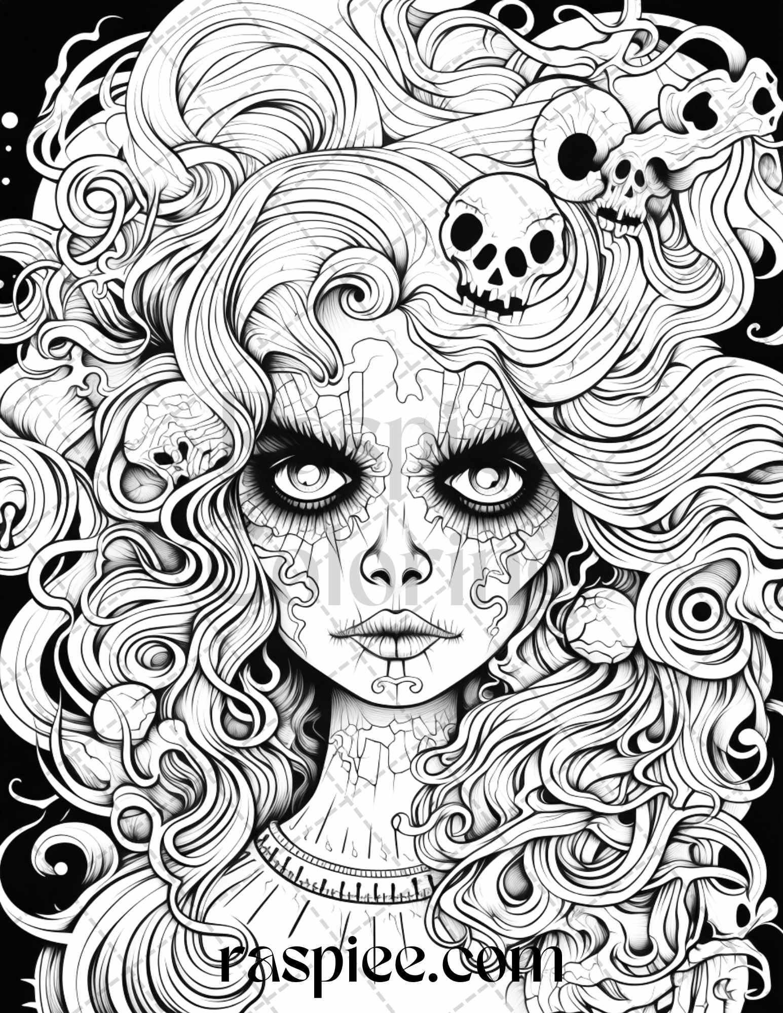50 Spooky Miss Nightmare Grayscale Coloring Pages Printable for Adults, PDF File Instant Download
