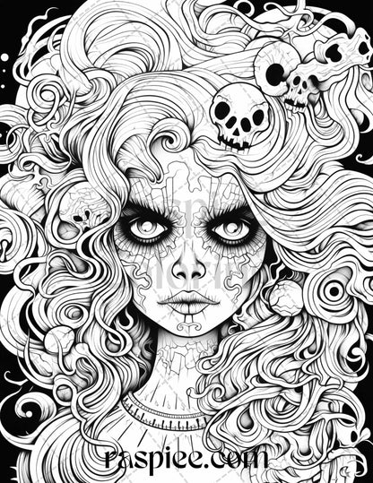 50 Spooky Miss Nightmare Grayscale Coloring Pages Printable for Adults, PDF File Instant Download