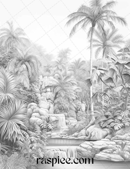 52 Tropical Oasis Grayscale Coloring Pages Printable for Adults, PDF File Instant Download