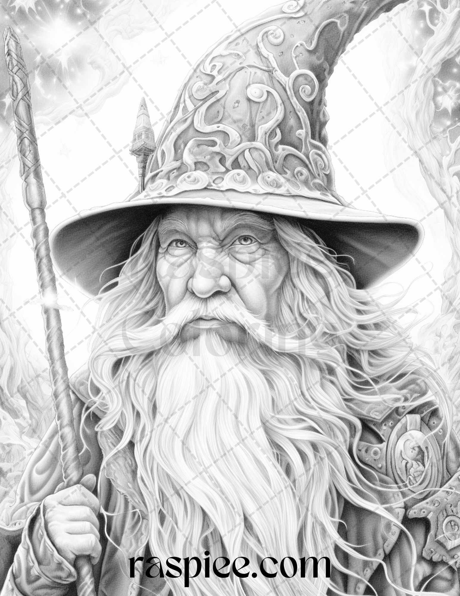 50 Magical Wizard Grayscale Coloring Pages for Adults, Printable PDF File Instant Download