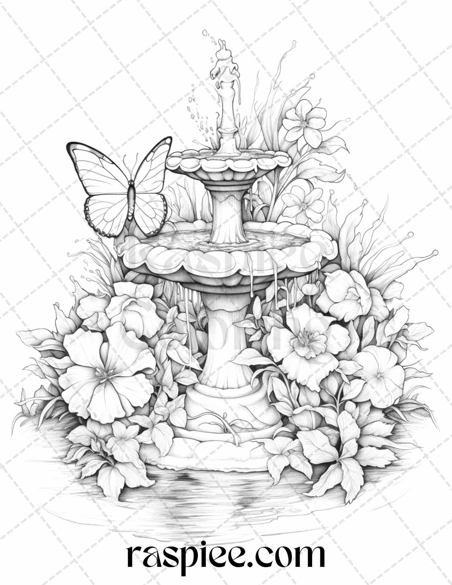 32 Blooming Fountains Grayscale Coloring Pages Printable for Adults, PDF File Instant Download