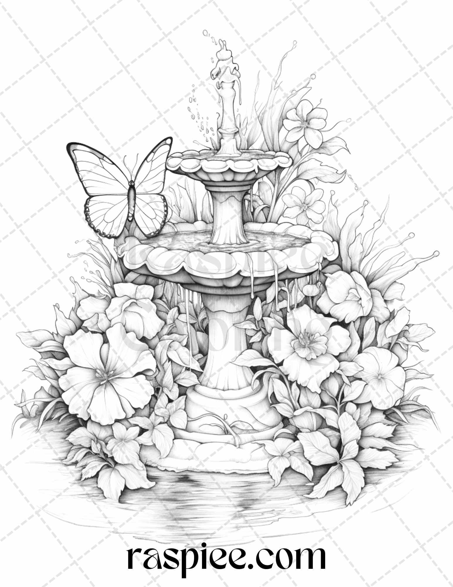 32 Blooming Fountains Grayscale Coloring Pages Printable for Adults, PDF File Instant Download