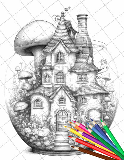 Fairy House in Jar Grayscale Coloring Pages Printable for Adults, PDF File Instant Download