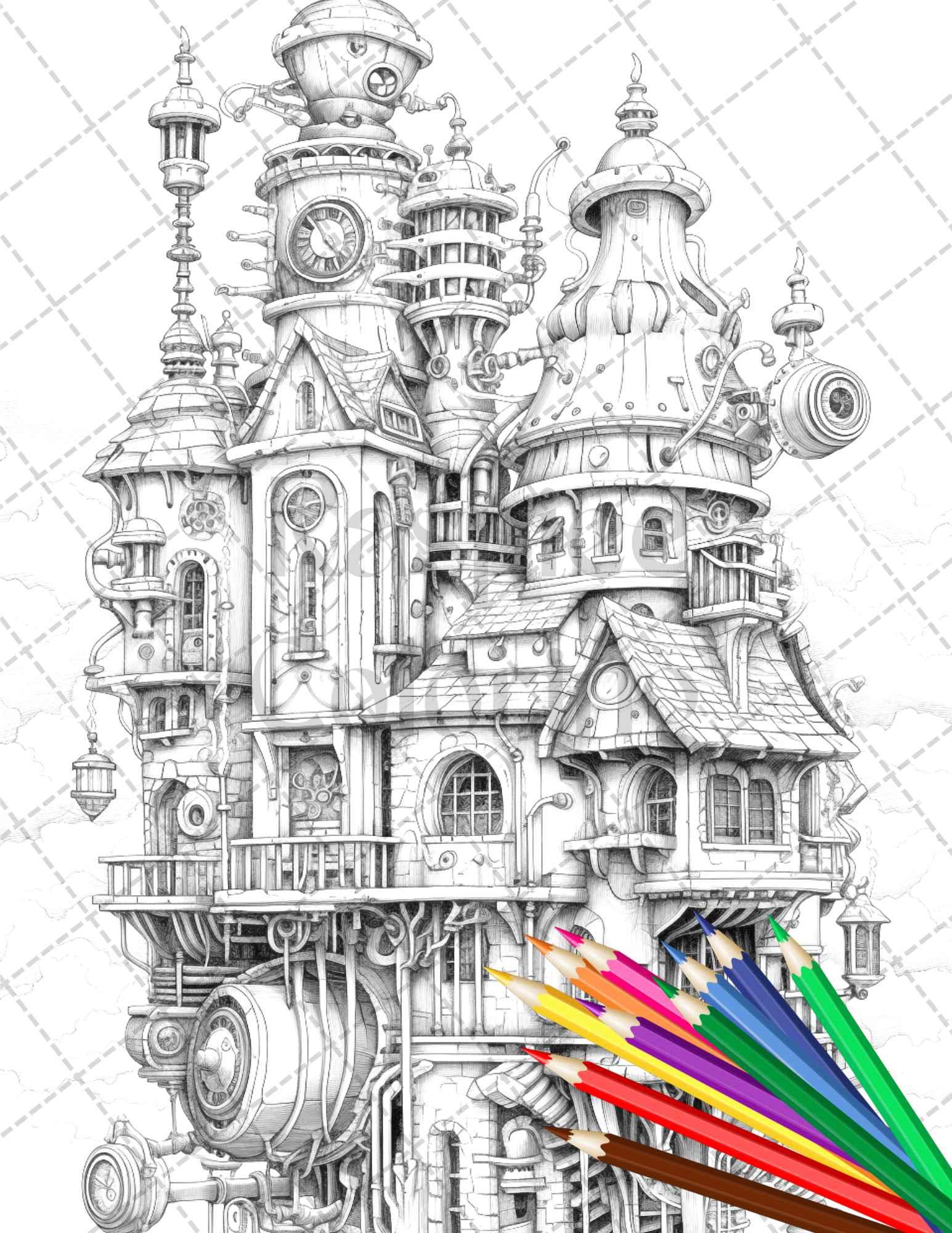 50 Steampunk Houses Grayscale Coloring Pages Printable for Adults, PDF File Instant Download