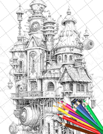 50 Steampunk Houses Grayscale Coloring Pages Printable for Adults, PDF File Instant Download
