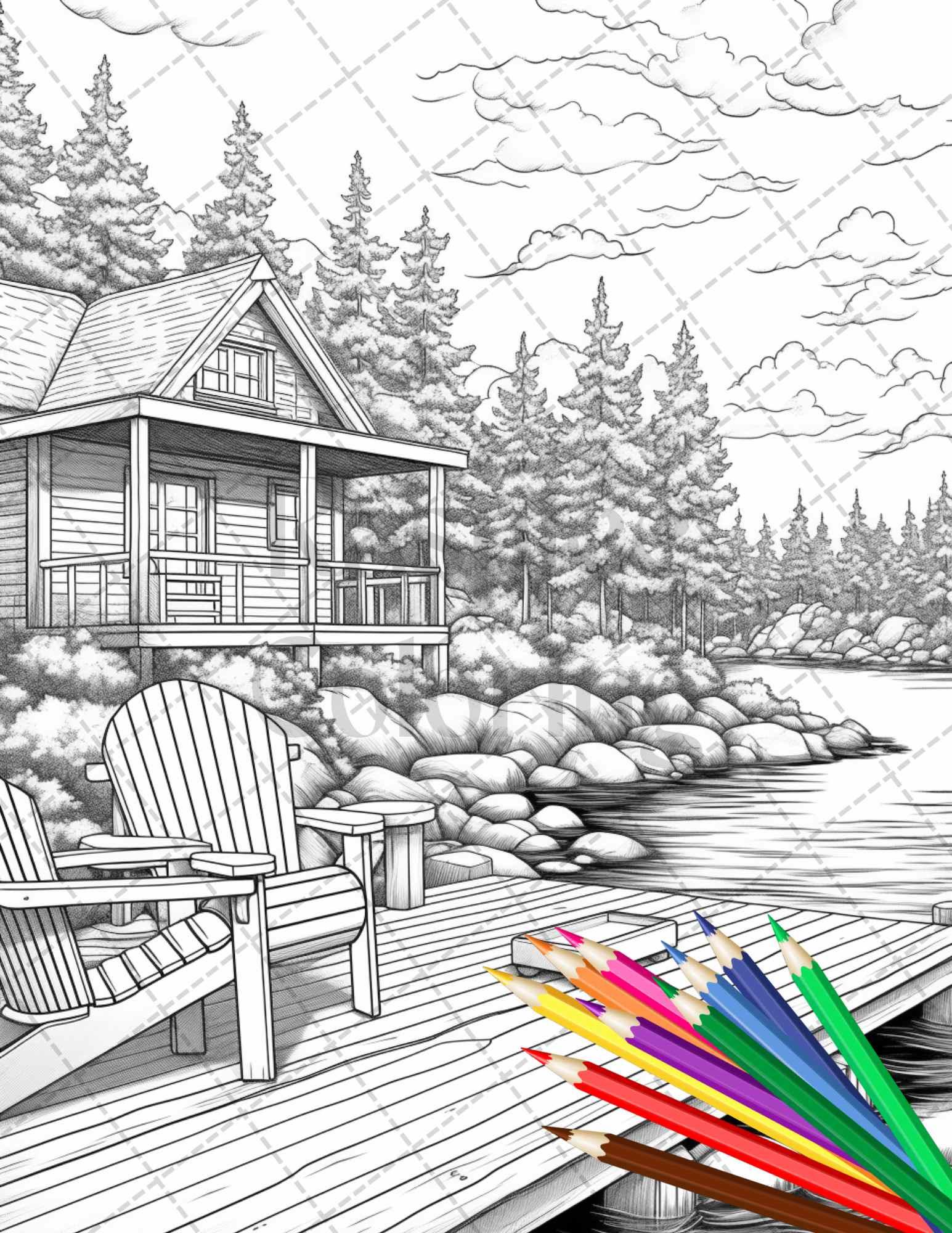 Lake Cabin Scenery Grayscale Coloring Pages Printable for Adults, PDF File Instant Download