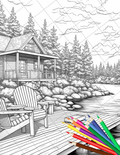 Lake Cabin Scenery Grayscale Coloring Pages Printable for Adults, PDF File Instant Download
