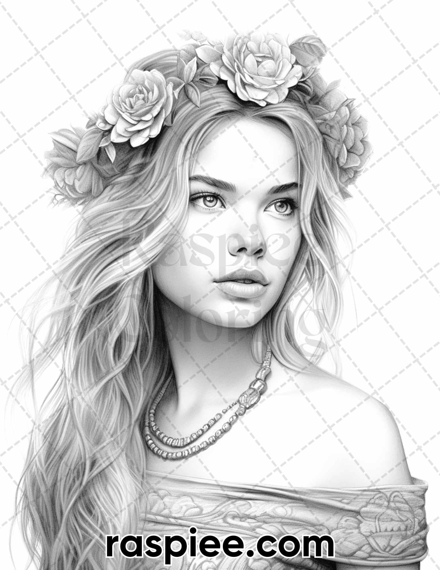 60 Bohemian Beauties Grayscale Coloring Pages for Adults, Printable PDF Instant Download