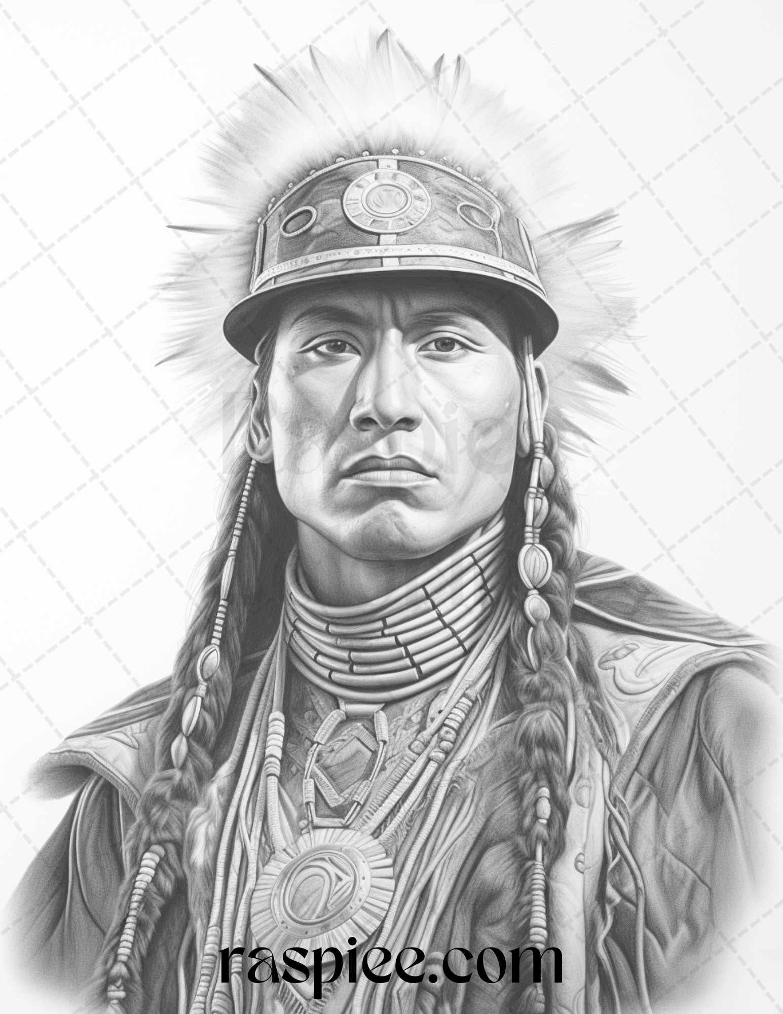 Native American Portrait Grayscale Coloring Pages Printable for Adults, PDF File Instant Download