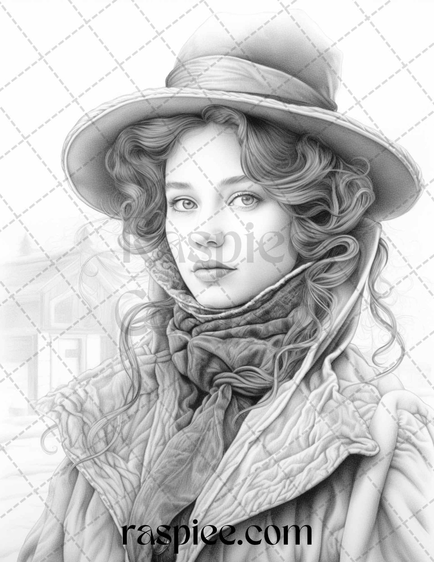60 Victorian Winter Portrait Grayscale Coloring Pages Printable for Adults, PDF File Instant Download
