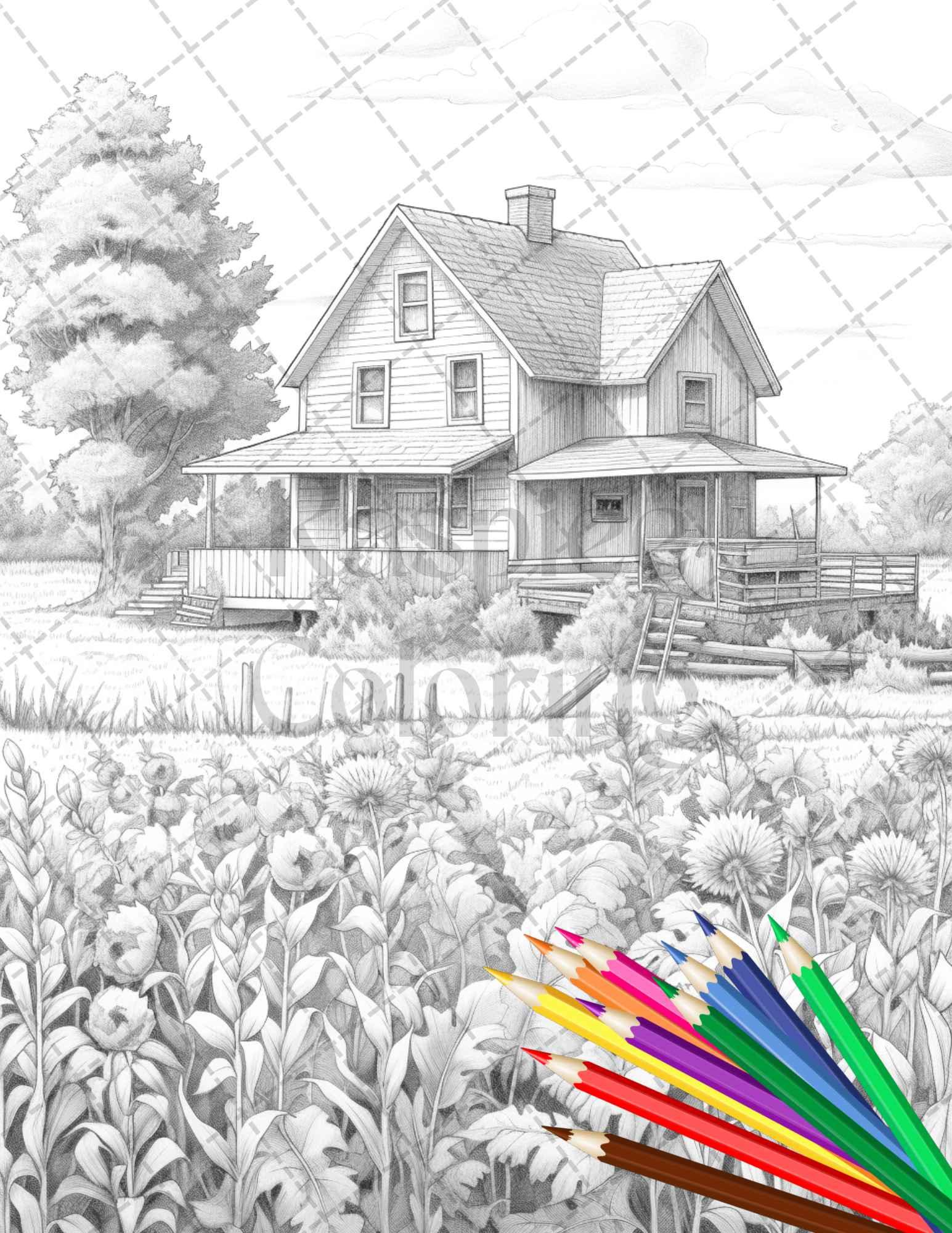 Charming Farmhouse Scenery Grayscale Coloring Pages Printable for Adults, PDF File Instant Download
