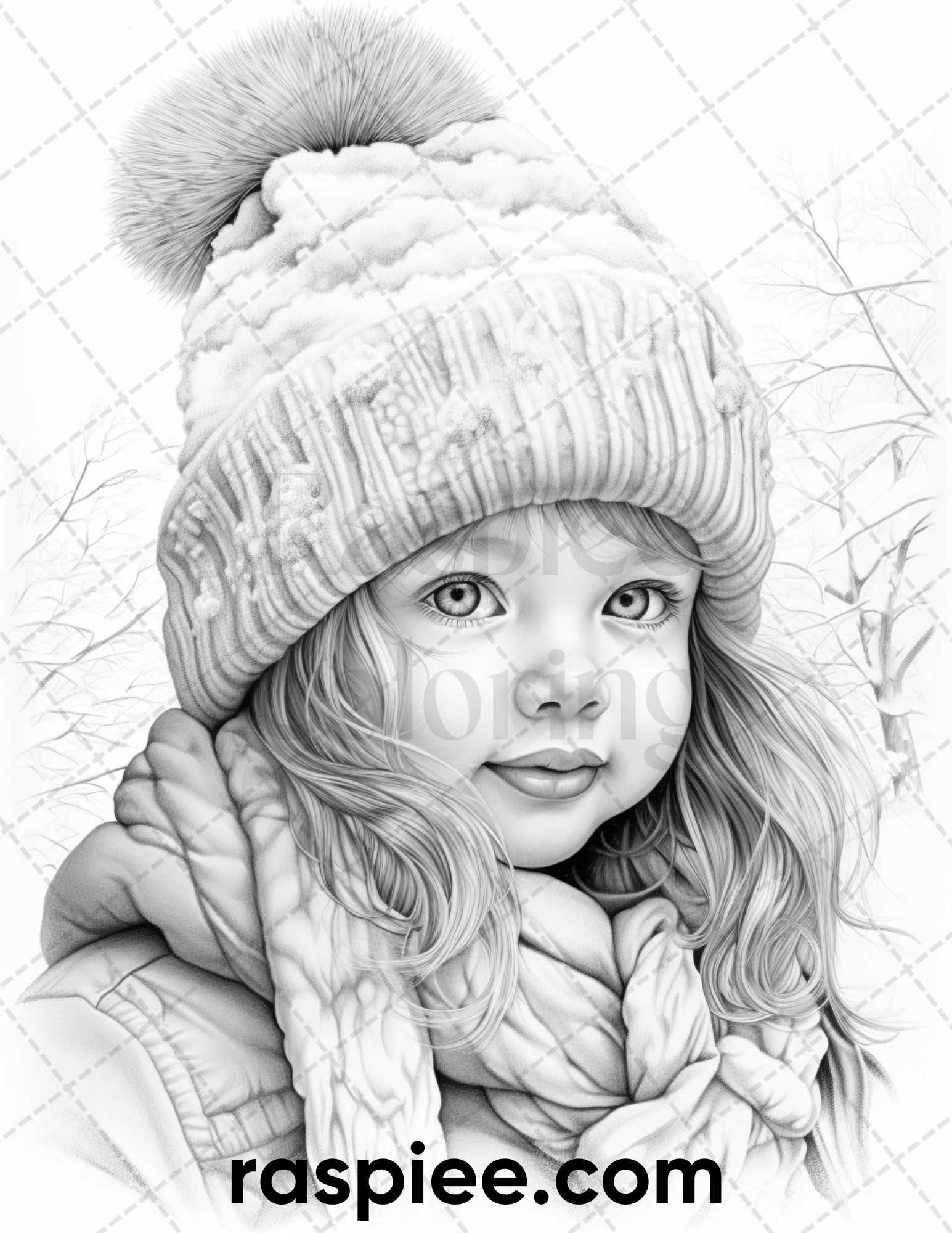 50 Baby Winter Portrait Grayscale Coloring Pages Printable for Adults, PDF File Instant Download