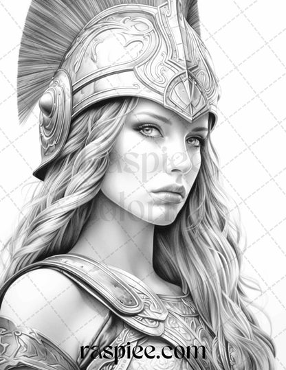 Greek Women Warriors Grayscale Coloring Pages for Adults, Printable PDF File Instant Download