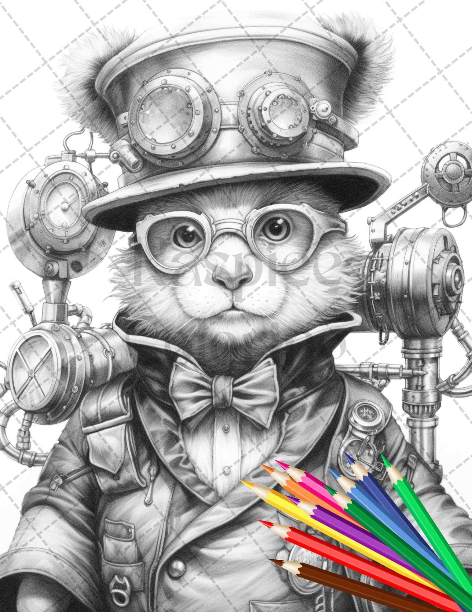 60 Steampunk Animals Grayscale Coloring Pages Printable for Adults, PDF File Instant Download