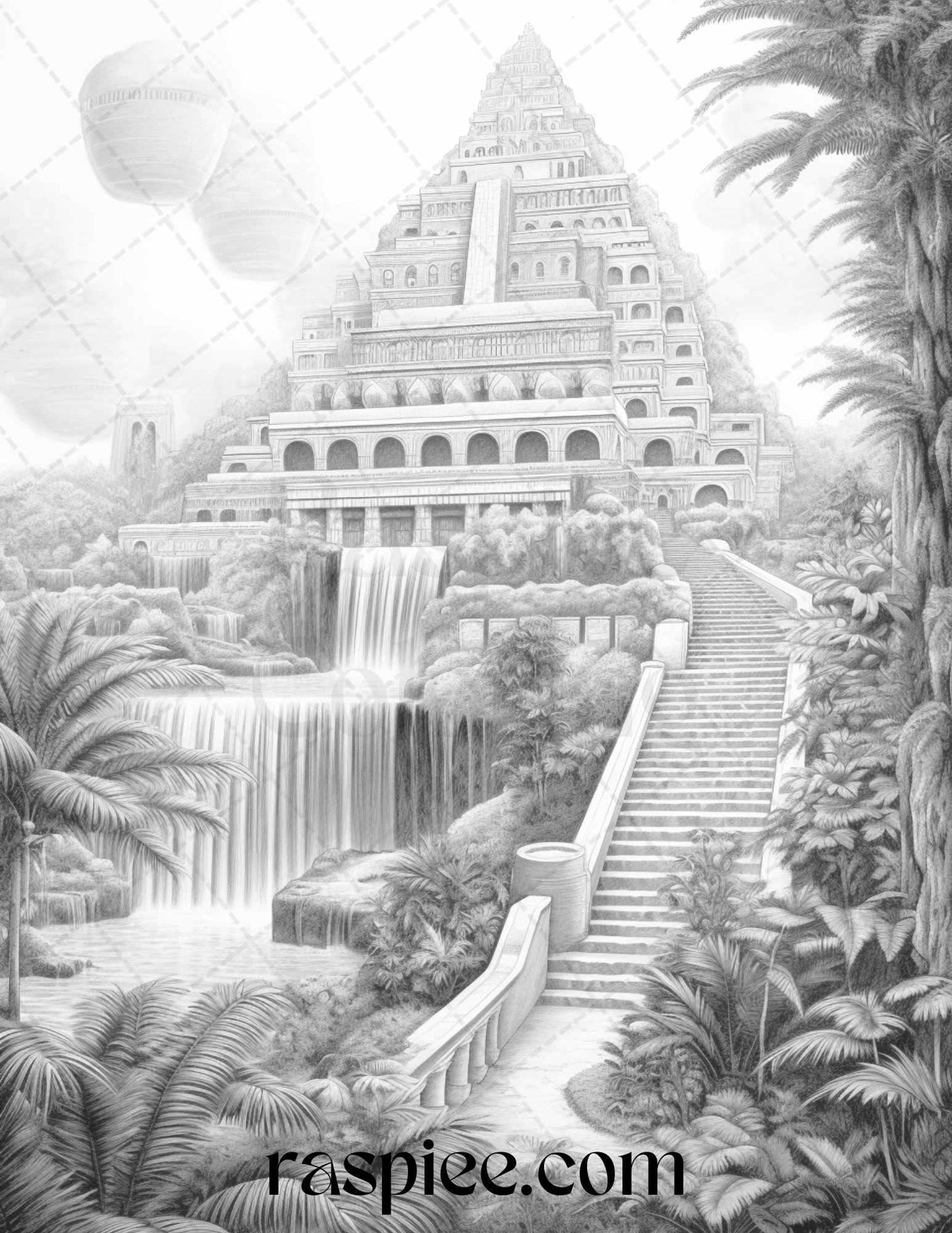 Hanging Gardens of Babylon Grayscale Coloring Pages Printable, PDF File Instant Download