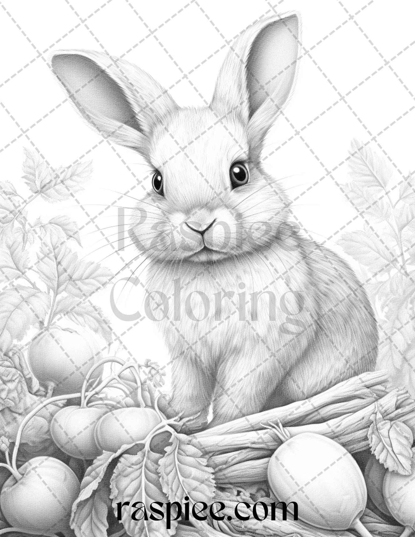 50 Rabbit Garden Grayscale Coloring Pages Printable for Adults, PDF File Instant Download