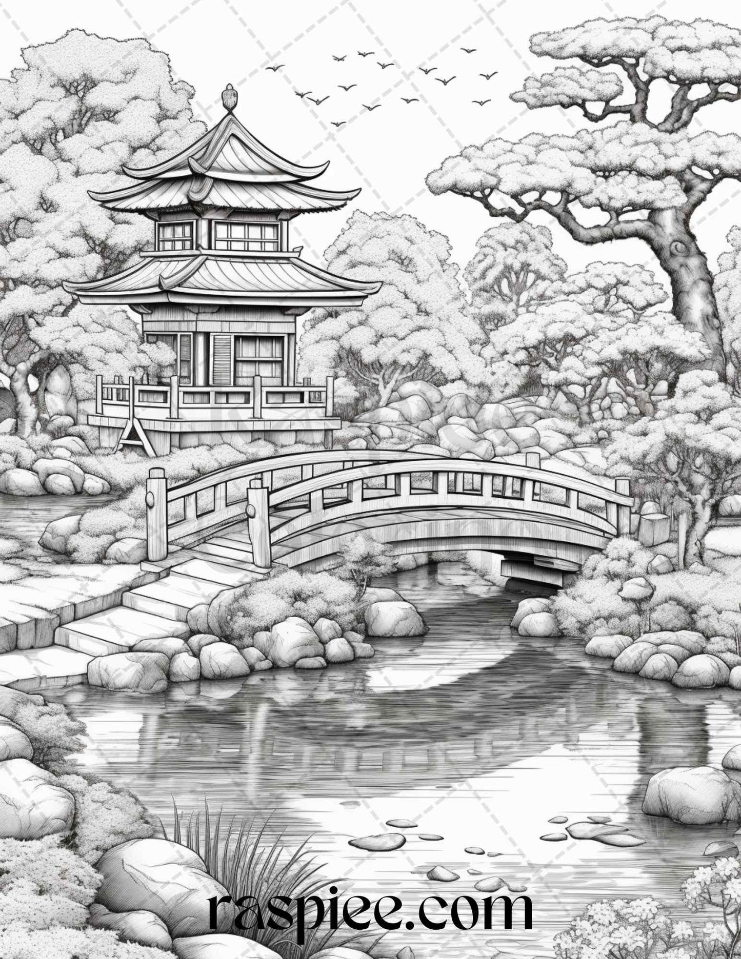 Japanese Garden Grayscale Coloring Pages Printable for Adults, PDF File Instant Download