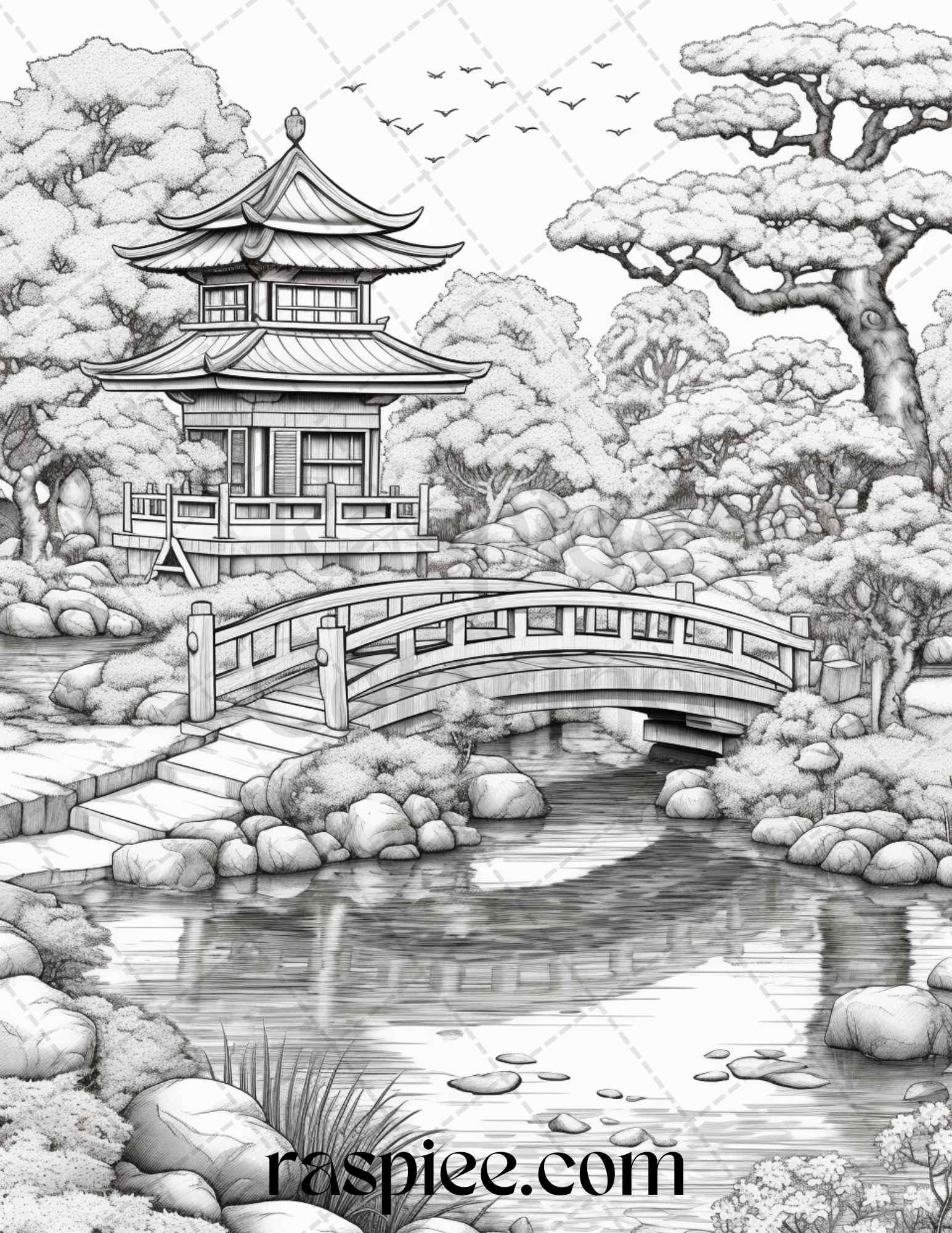 Japanese Garden Grayscale Coloring Pages Printable for Adults, PDF File Instant Download