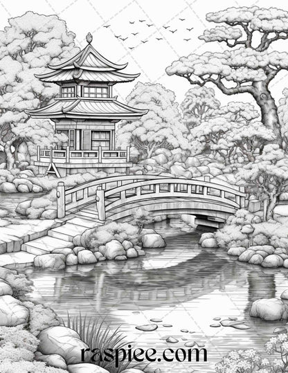 Japanese Garden Grayscale Coloring Pages Printable for Adults, PDF File Instant Download