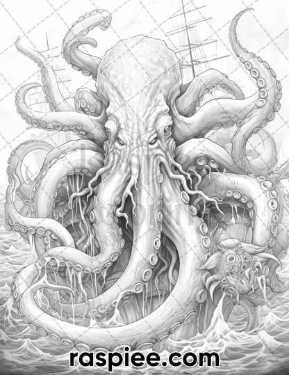 60 Mythical Creatures Grayscale Coloring Pages for Adults, Printable PDF Instant Download