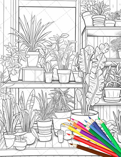 38 Indoor Houseplants Coloring Pages Printable for Adults, Grayscale Coloring Page, PDF File Instant Download