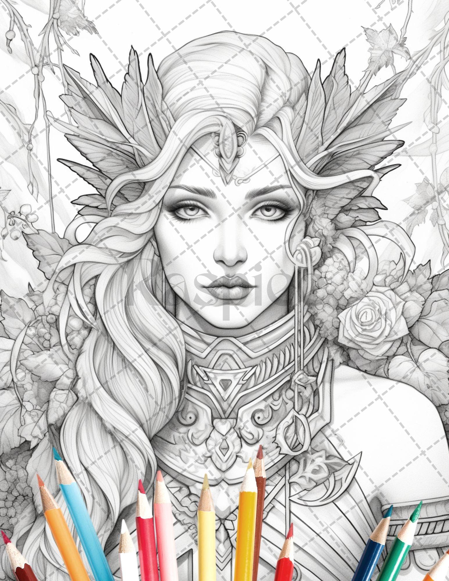 35 Beautiful Printable Elf Girls Coloring Book for Adults, Grayscale Coloring Page, PDF File Instant Download