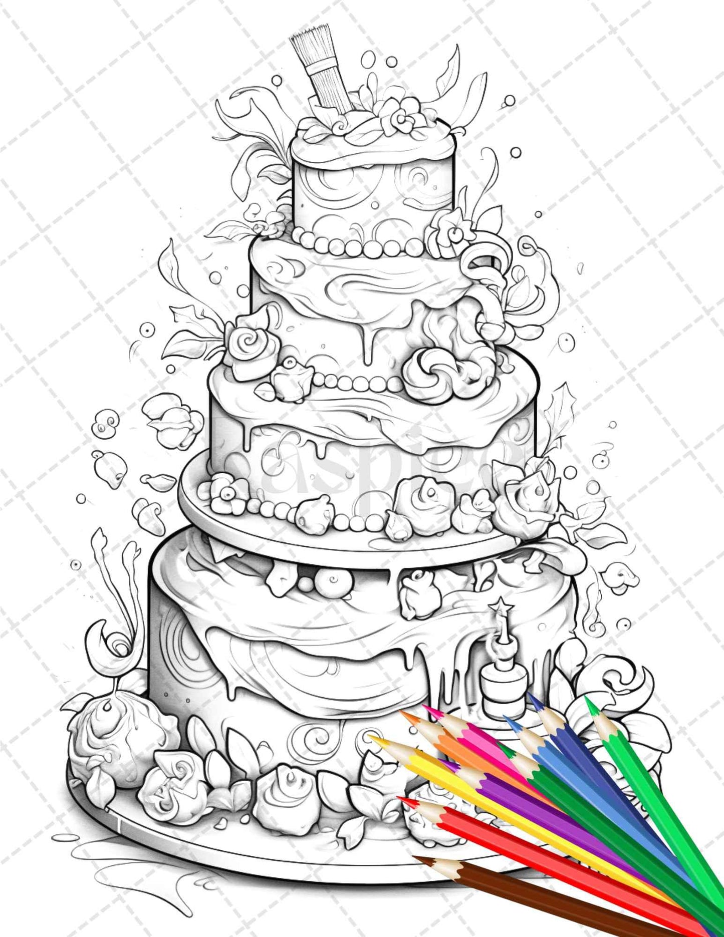 38 Whimsical Cakes Grayscale Coloring Pages for Adults, PDF File Instant Download