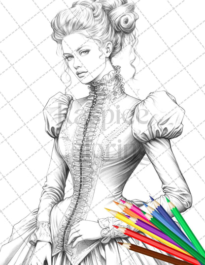 50 Victorian Fashion Grayscale Coloring Pages Printable for Adults, PDF File Instant Download