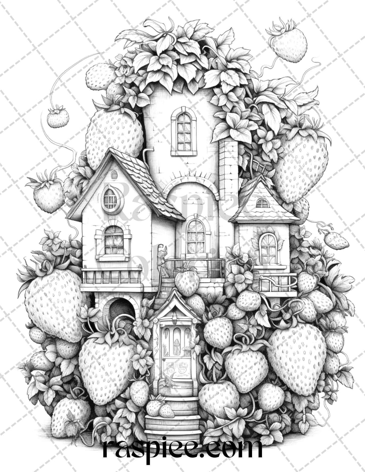 50 Strawberry Houses Grayscale Coloring Pages Printable for Adults Kids, PDF File Instant Download