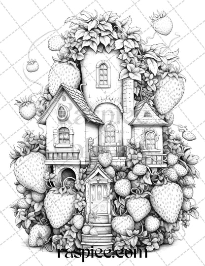 50 Strawberry Houses Grayscale Coloring Pages Printable for Adults Kids, PDF File Instant Download