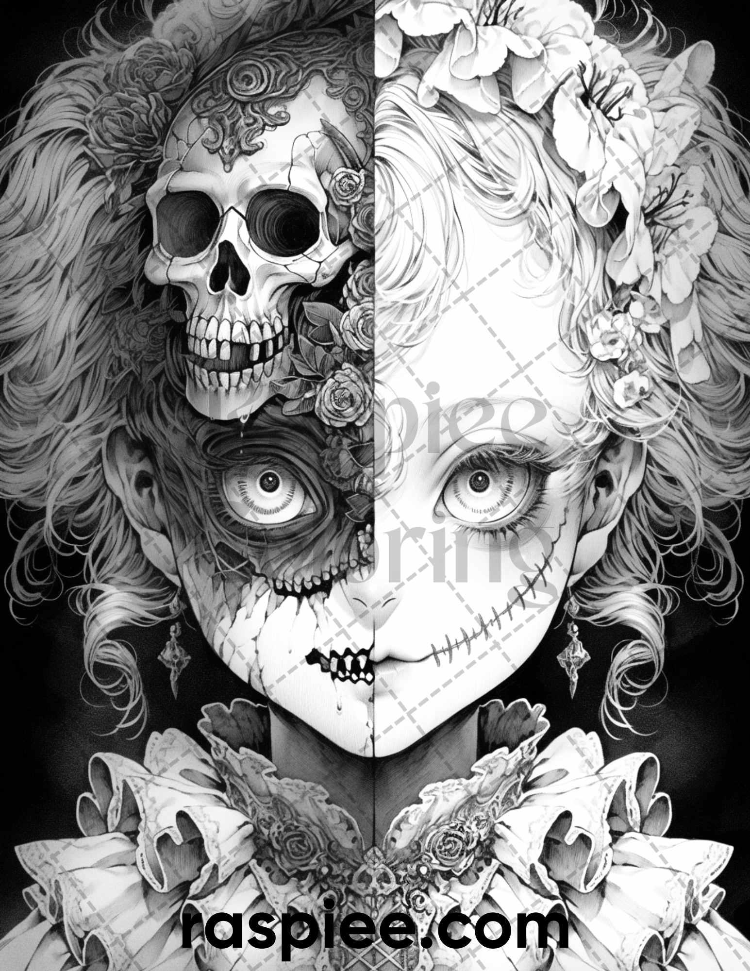 60 Horror Beauties Grayscale Coloring Pages Printable for Adults, PDF File Instant Download