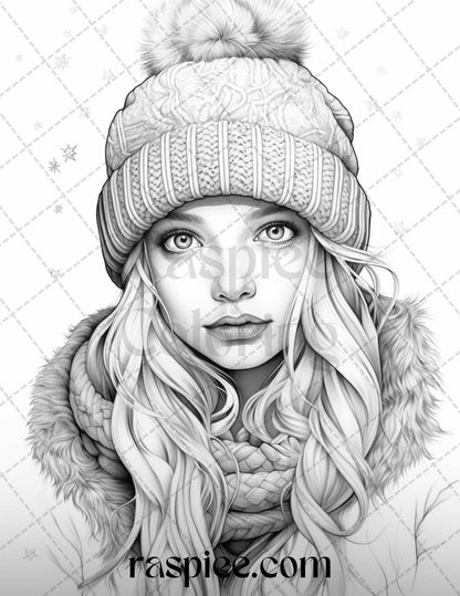 60 Beautiful Winter Girls Grayscale Coloring Pages Printable for Adults, PDF File Instant Download