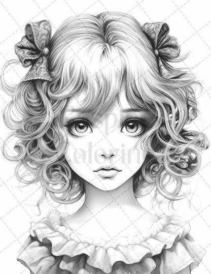 60 Adorable Gothic Girls Grayscale Coloring Pages Printable for Adults, PDF File Instant Download